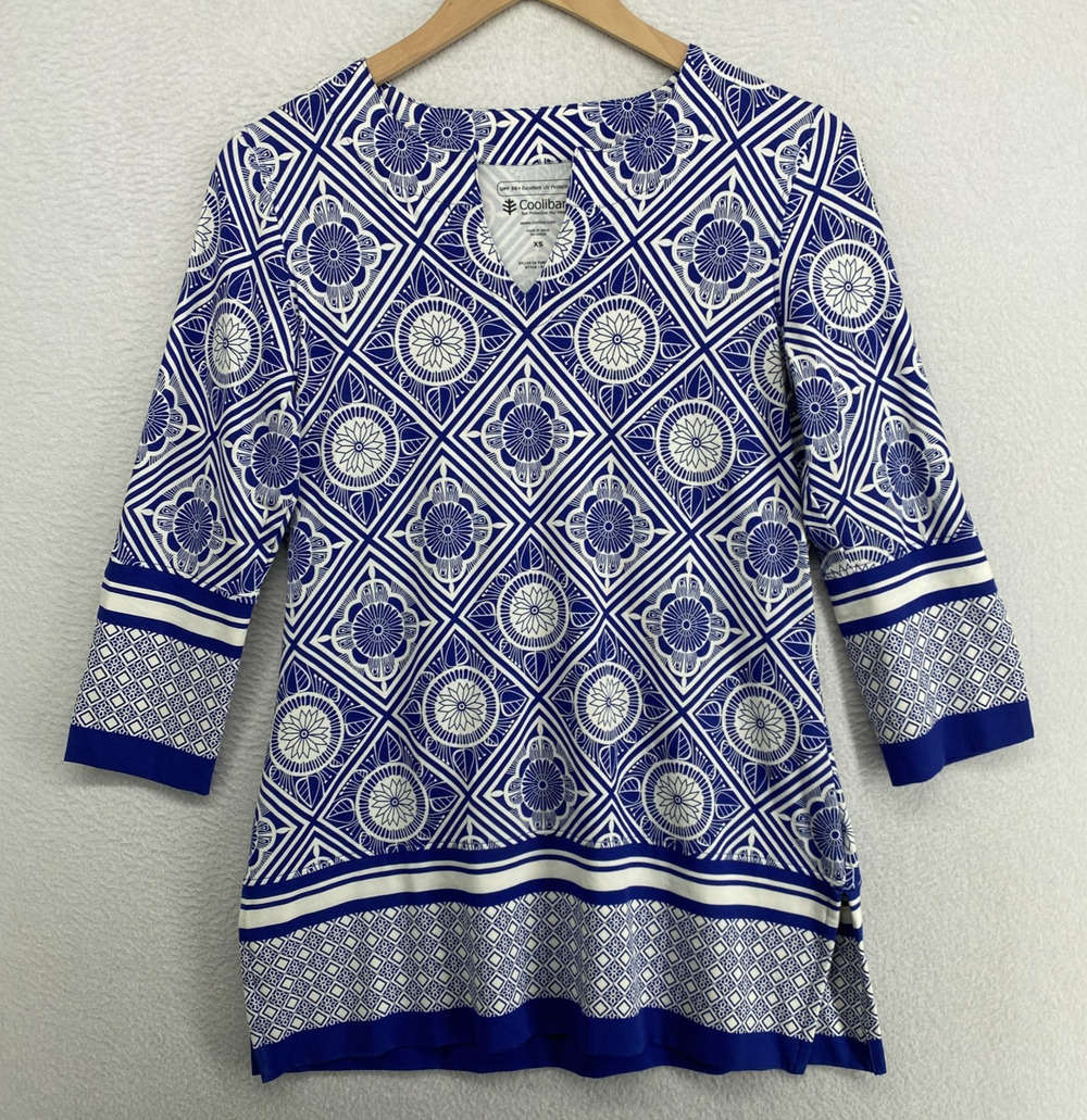 COOLIBAR Top XS St. Lucia Tunic 3/4 Sleeve Printed Split V-Neck UPF 50 Blue